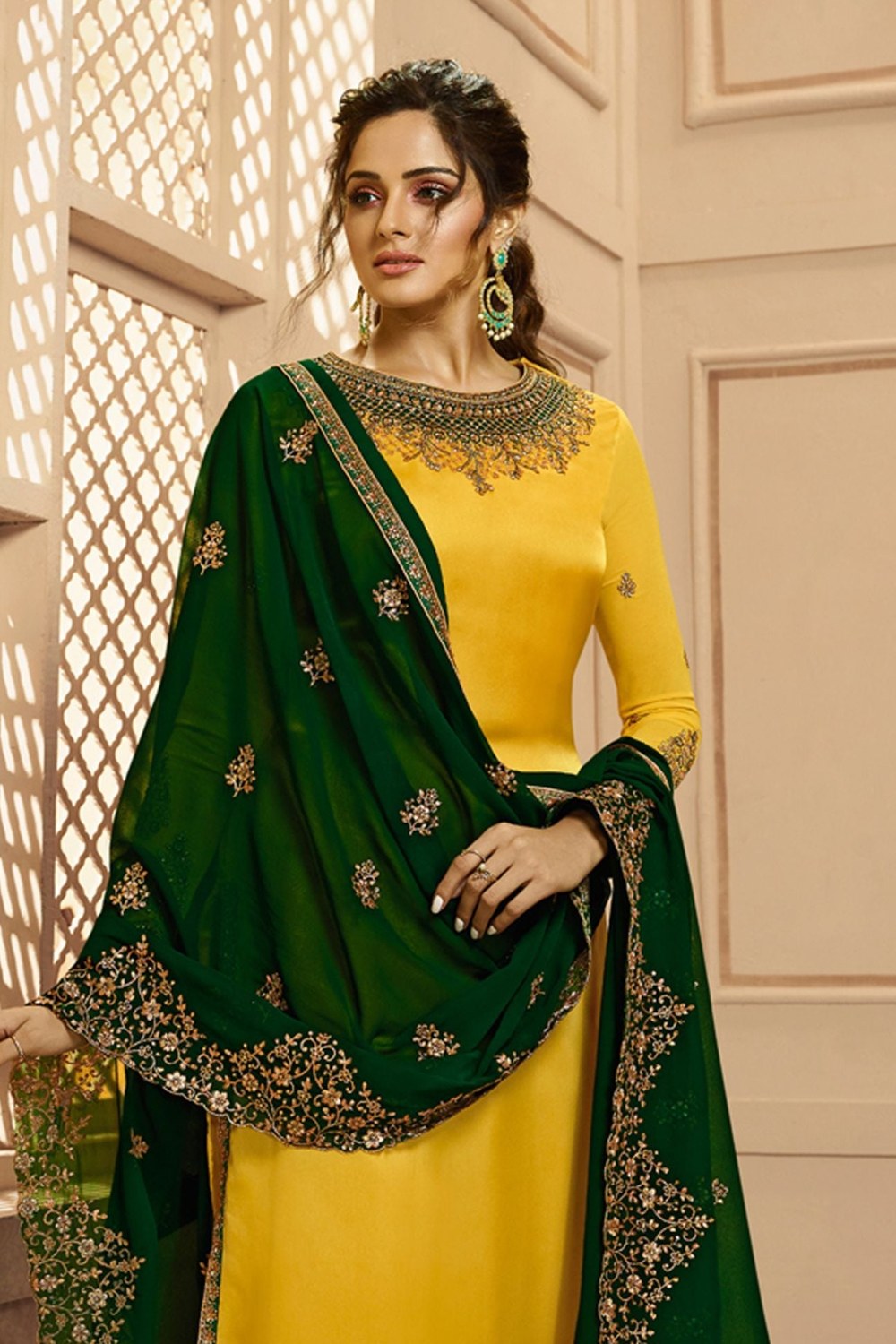 Yellow Pakistani Satin Georgette Salwar Kameez For Wedding Festival Embroidery Work - close-up view