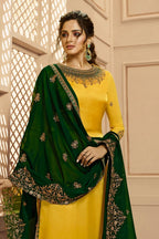 Yellow Pakistani Satin Georgette Salwar Kameez For Wedding Festival Embroidery Work - close-up view