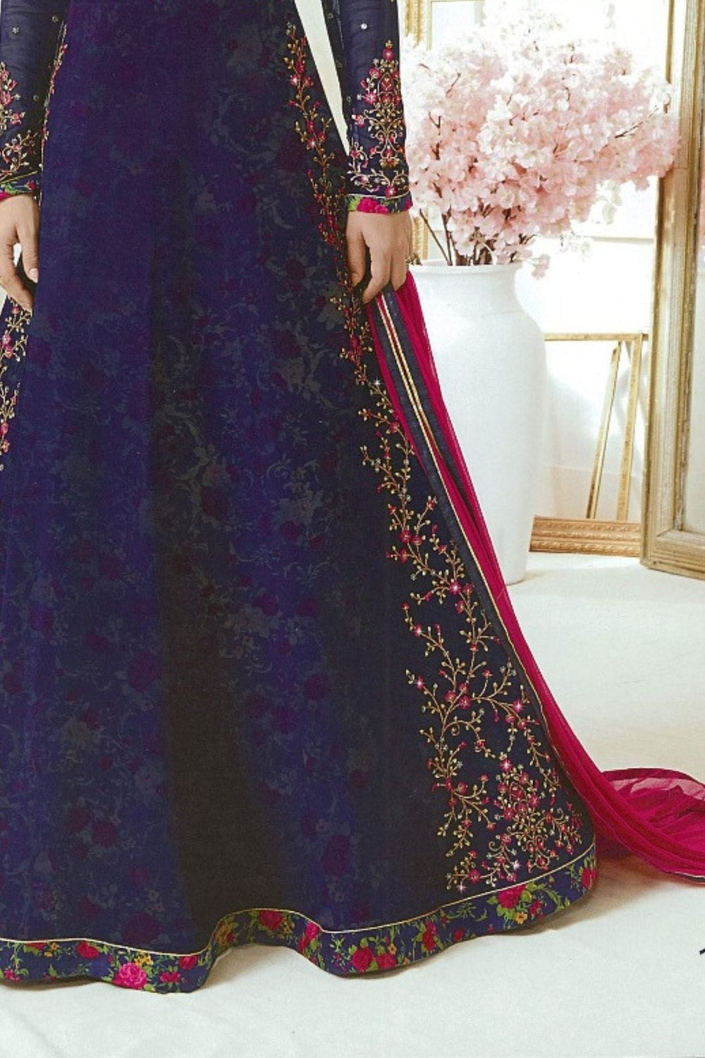 Blue Pakistani Georgette Anarkali Gown For Wedding Festival Embroidery Work - hem and footwear detail