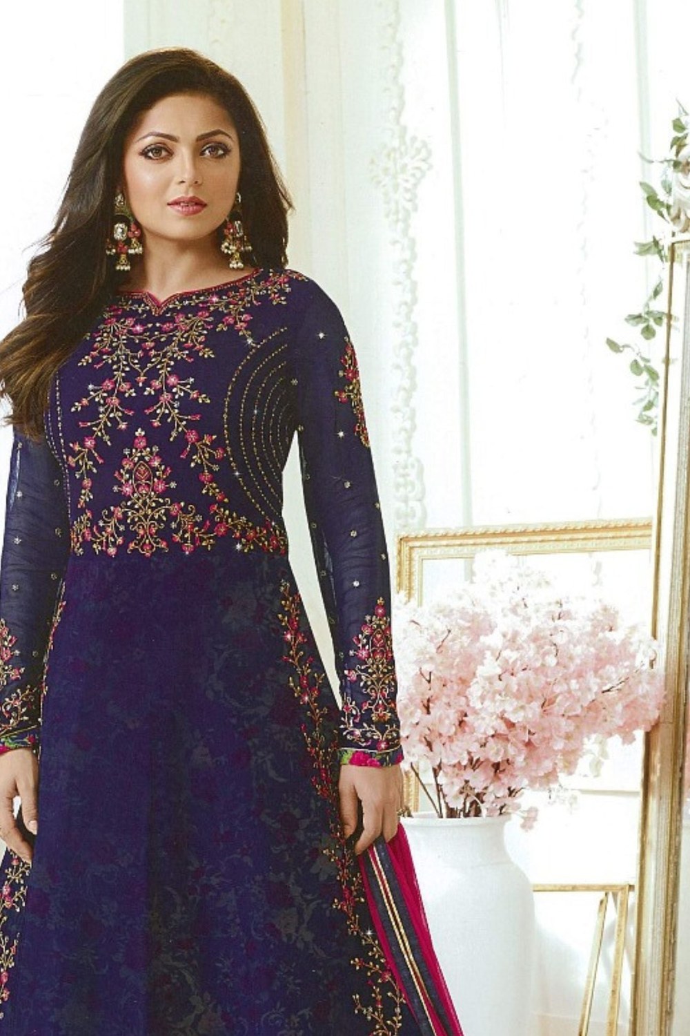 Blue Pakistani Georgette Anarkali Gown For Wedding Festival Embroidery Work - close-up view