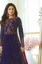 Blue Pakistani Georgette Anarkali Gown For Wedding Festival Embroidery Work - close-up view