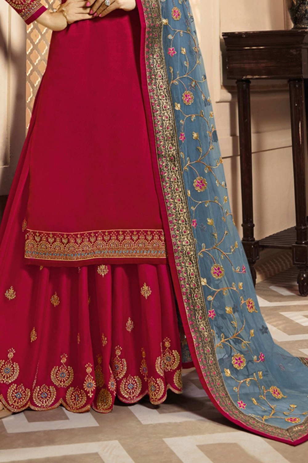 Red Pakistani Satin Georgette Salwar Kameez For Wedding Festival Embroidery Work - hem and footwear detail