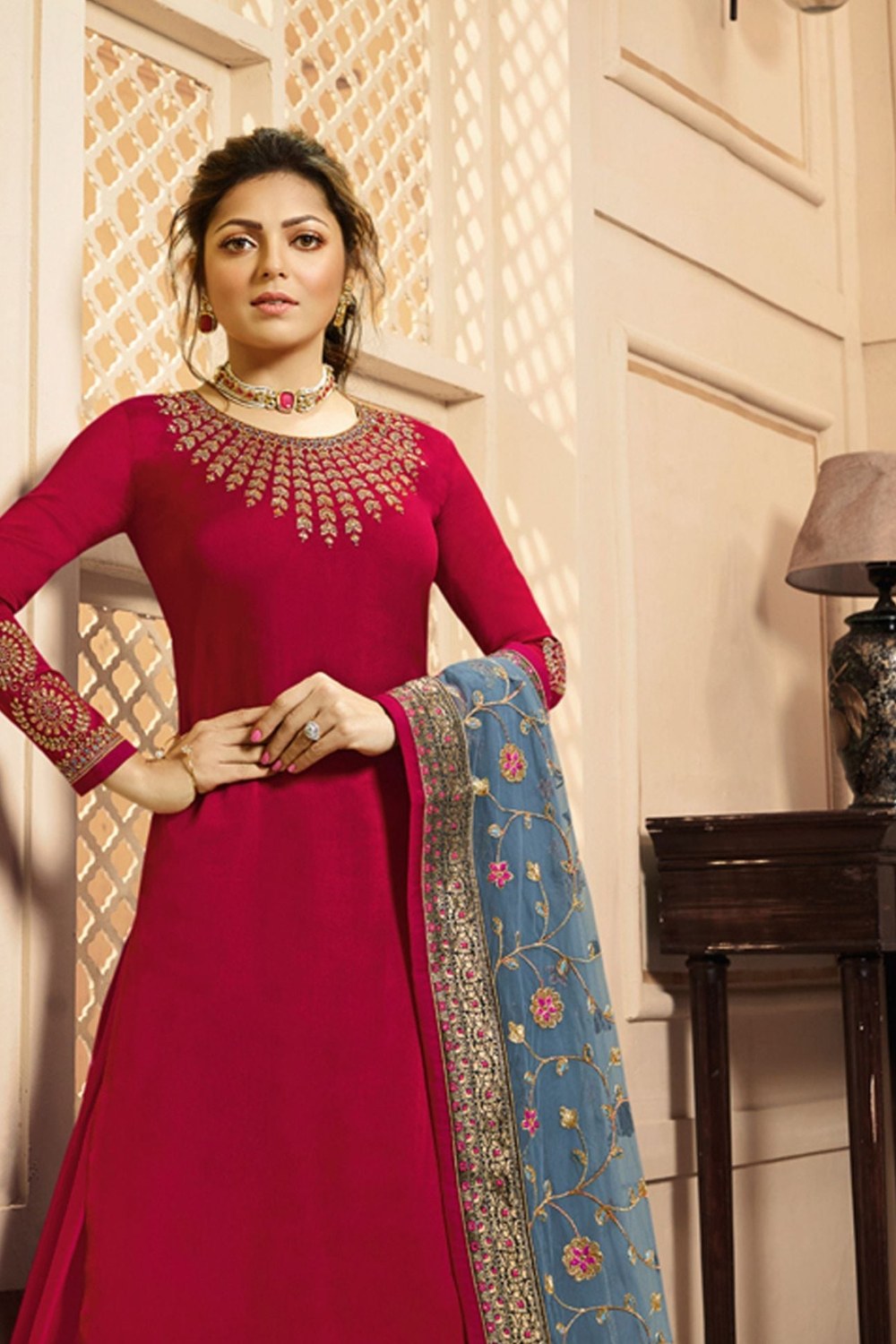 Red Pakistani Satin Georgette Salwar Kameez For Wedding Festival Embroidery Work - close-up view