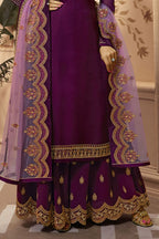 Purple Pakistani Satin Georgette Salwar Kameez For Wedding Festival Embroidery Work - hem and footwear detail
