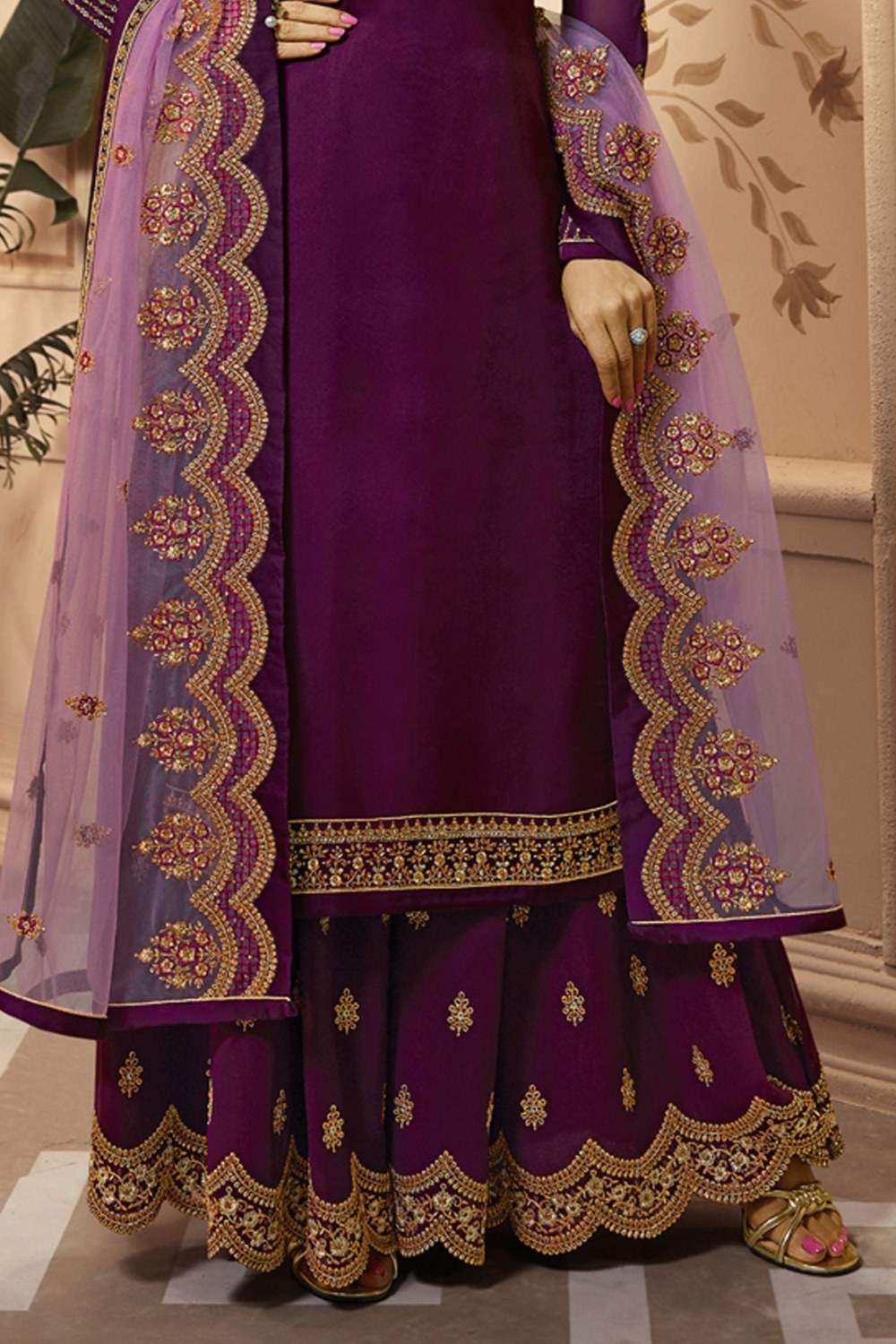 Purple Pakistani Satin Georgette Salwar Kameez For Wedding Festival Embroidery Work - hem and footwear detail
