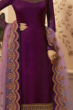Purple Pakistani Satin Georgette Salwar Kameez For Wedding Festival Embroidery Work - detail view