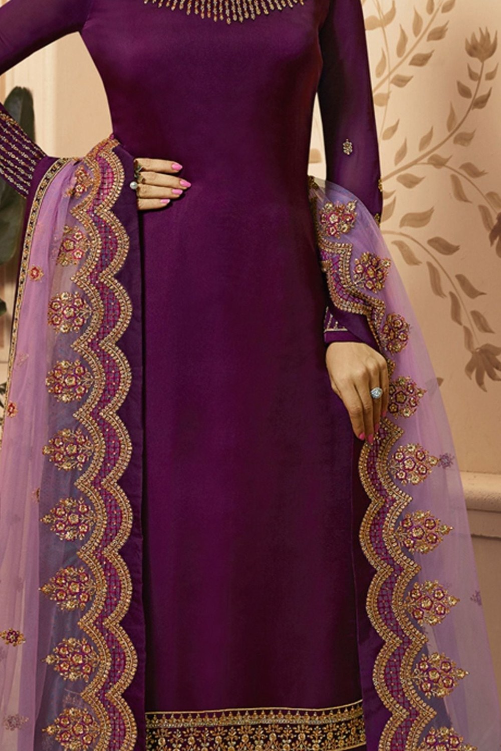 Purple Pakistani Satin Georgette Salwar Kameez For Wedding Festival Embroidery Work - detail view