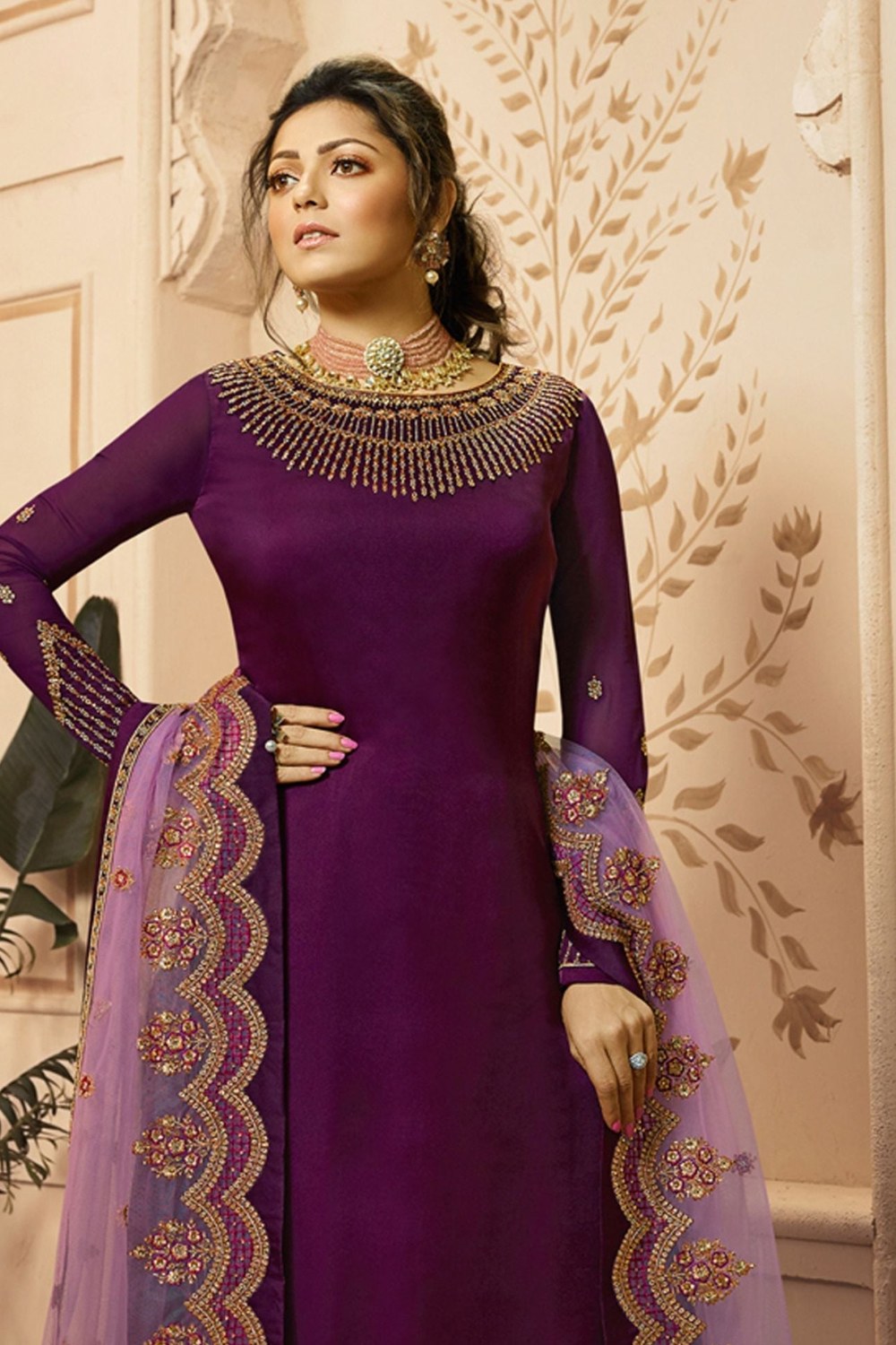 Purple Pakistani Satin Georgette Salwar Kameez For Wedding Festival Embroidery Work - close-up view