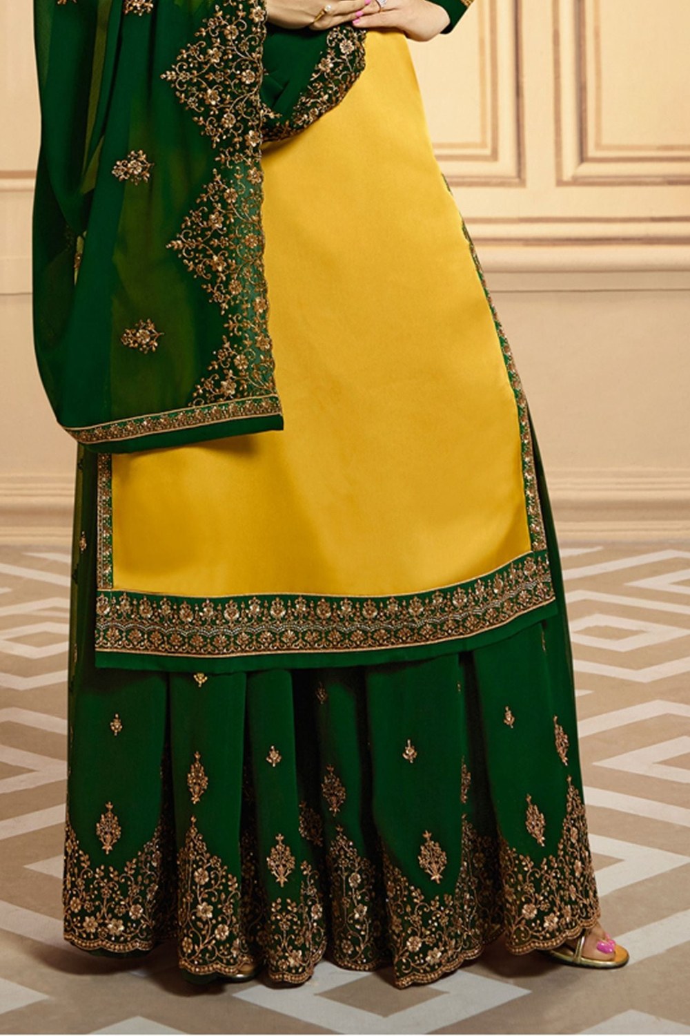 Golden Pakistani Satin Georgette Salwar Kameez For Wedding Festival Embroidery Work - hem and footwear detail