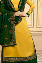Golden Pakistani Satin Georgette Salwar Kameez For Wedding Festival Embroidery Work - detail view
