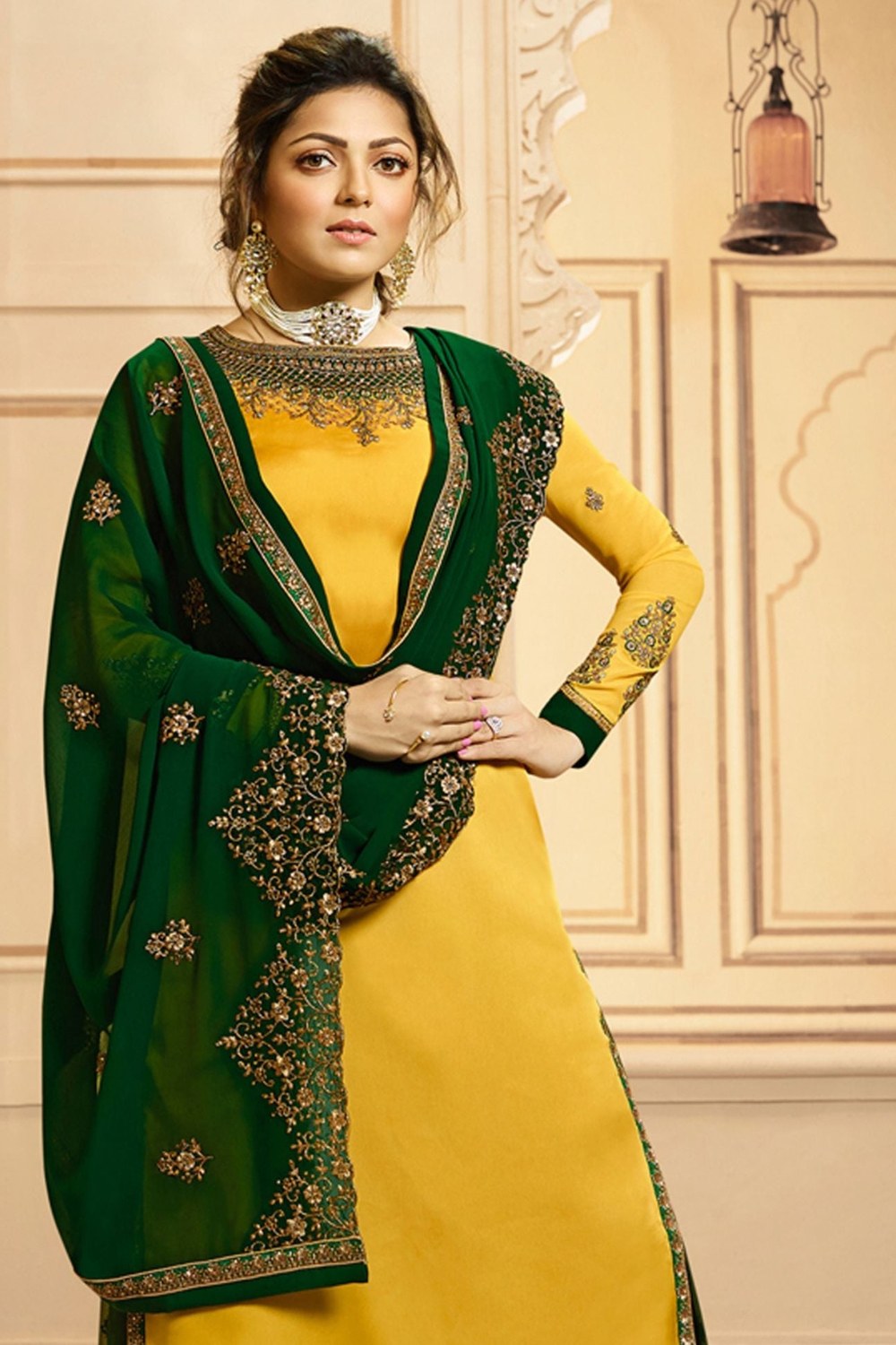 Golden Pakistani Satin Georgette Salwar Kameez For Wedding Festival Embroidery Work - close-up view