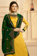 Golden Pakistani Satin Georgette Salwar Kameez For Wedding Festival Embroidery Work - close-up view