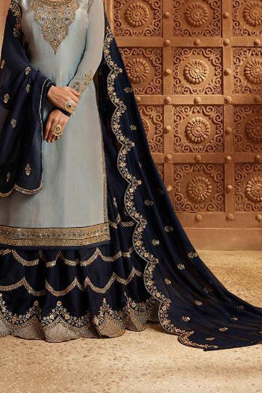 Light Gray Pakistani Satin Georgette Salwar Kameez For Wedding Festival Embroidery Work - hem and footwear detail