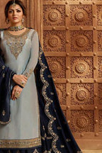 Light Gray Pakistani Satin Georgette Salwar Kameez For Wedding Festival Embroidery Work - detail view
