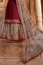 Maroon Pakistani Satin Georgette Salwar Kameez For Wedding Festival Embroidery Work - hem and footwear detail