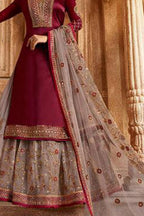 Maroon Pakistani Satin Georgette Salwar Kameez For Wedding Festival Embroidery Work - detail view