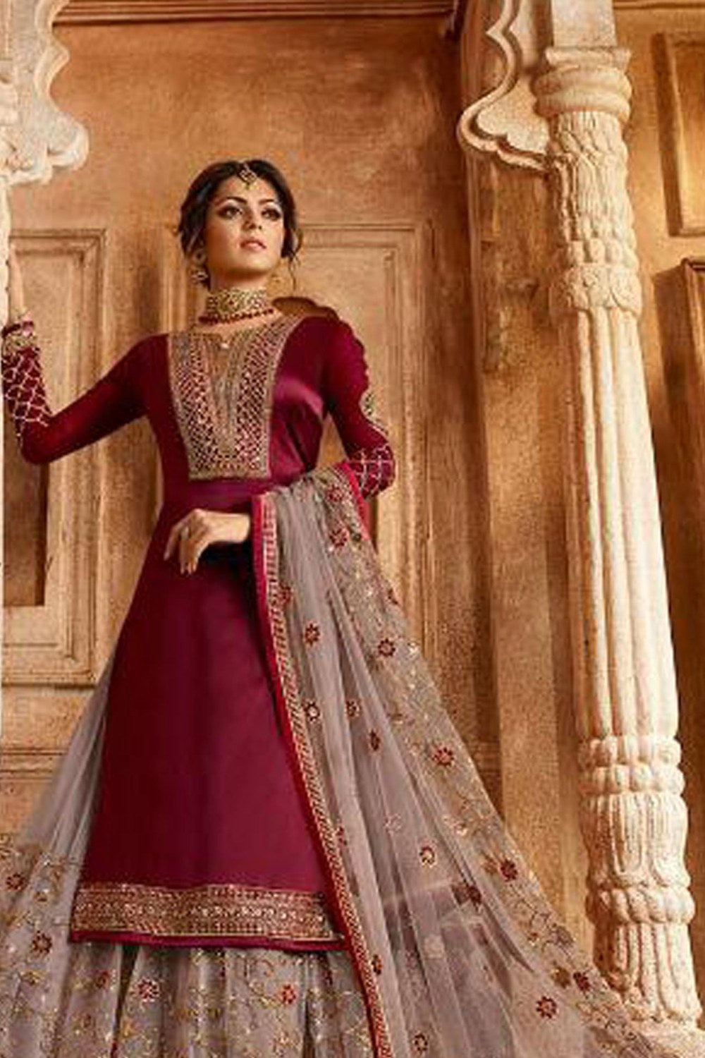 Maroon Pakistani Satin Georgette Salwar Kameez For Wedding Festival Embroidery Work - close-up view