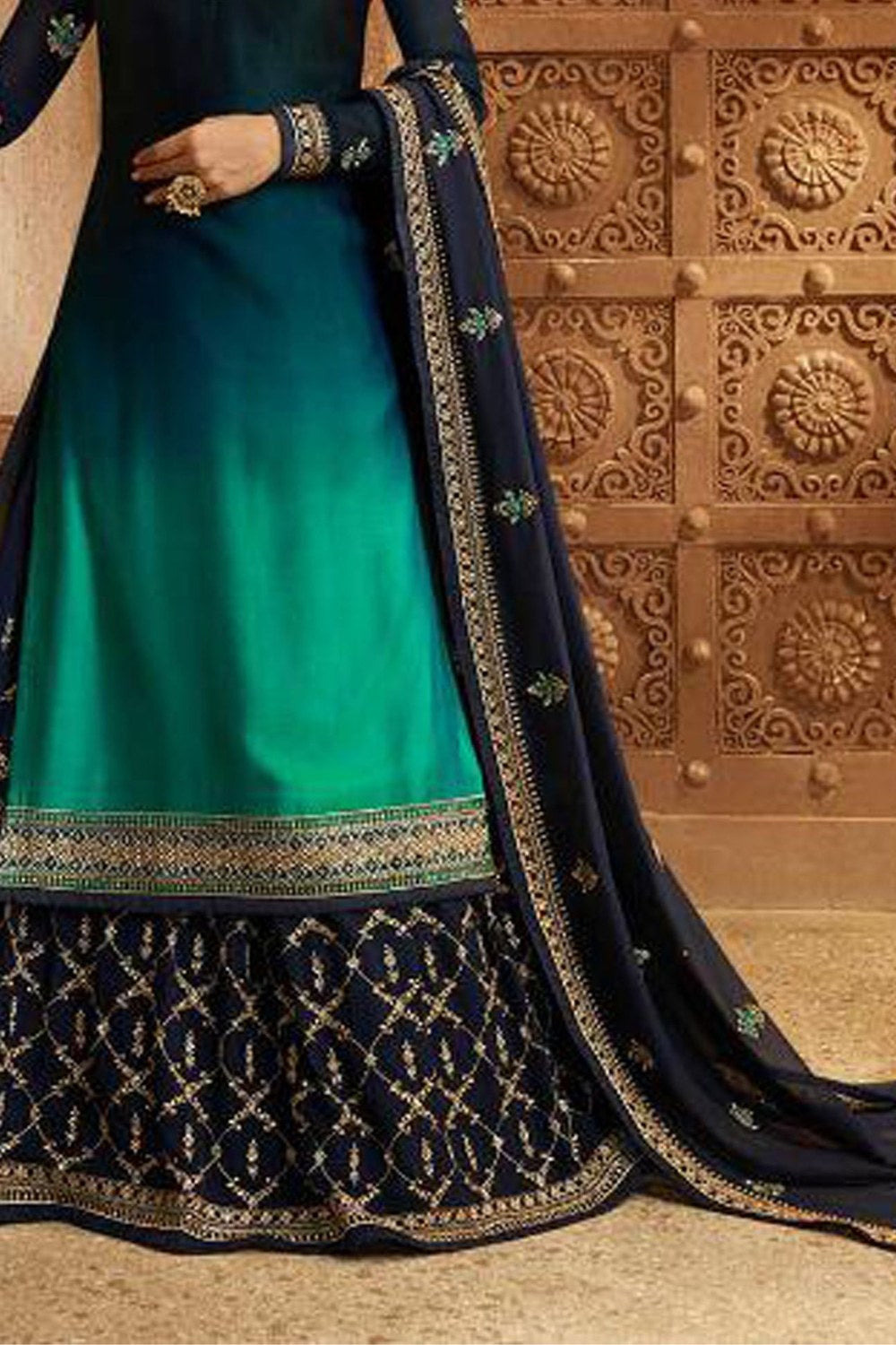 Teal Pakistani Satin Georgette Salwar Kameez For Wedding Festival Embroidery Work - hem and footwear detail