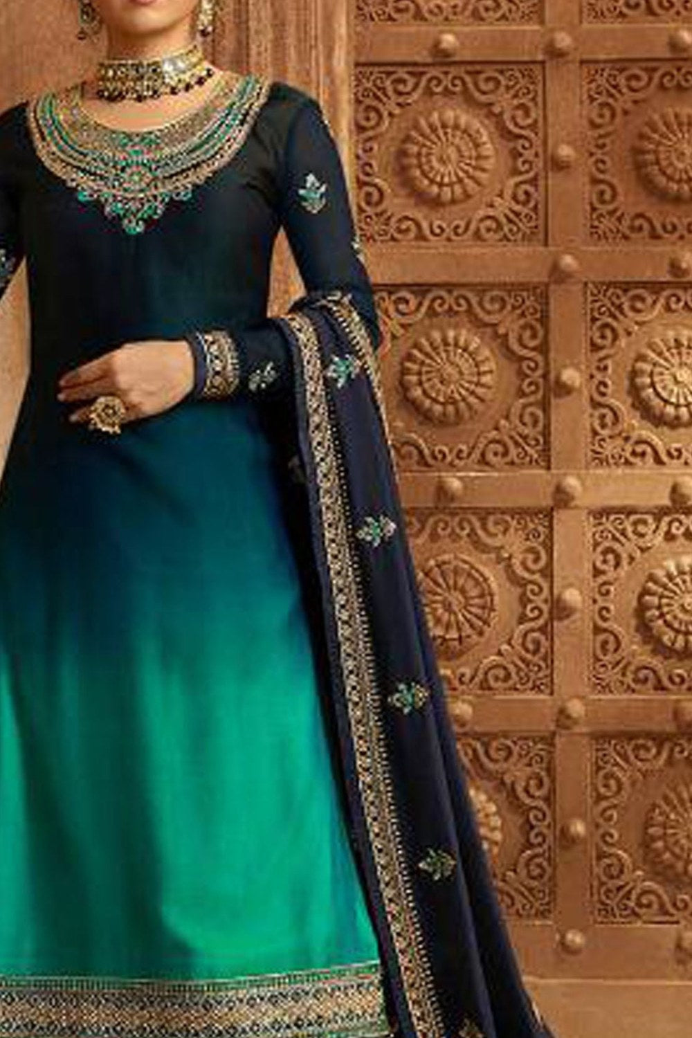 Teal Pakistani Satin Georgette Salwar Kameez For Wedding Festival Embroidery Work - detail view