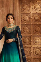 Teal Pakistani Satin Georgette Salwar Kameez For Wedding Festival Embroidery Work - close-up view