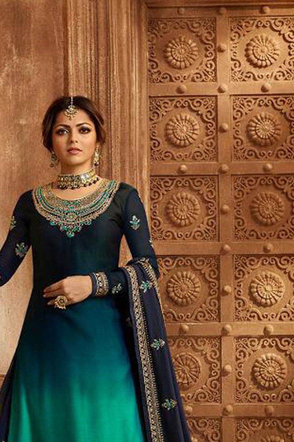 Teal Pakistani Satin Georgette Salwar Kameez For Wedding Festival Embroidery Work - close-up view