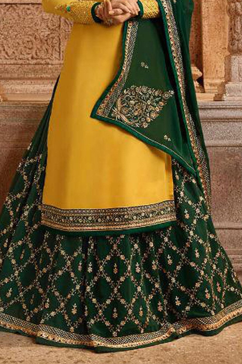 Yellow Pakistani Satin Georgette Salwar Kameez For Wedding Festival Embroidery Work - hem and footwear detail