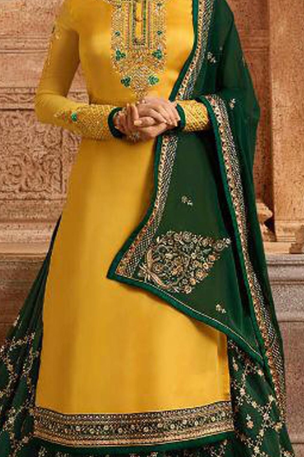 Yellow Pakistani Satin Georgette Salwar Kameez For Wedding Festival Embroidery Work - detail view