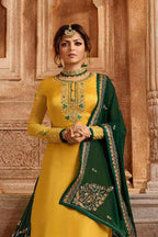 Yellow Pakistani Satin Georgette Salwar Kameez For Wedding Festival Embroidery Work - close-up view