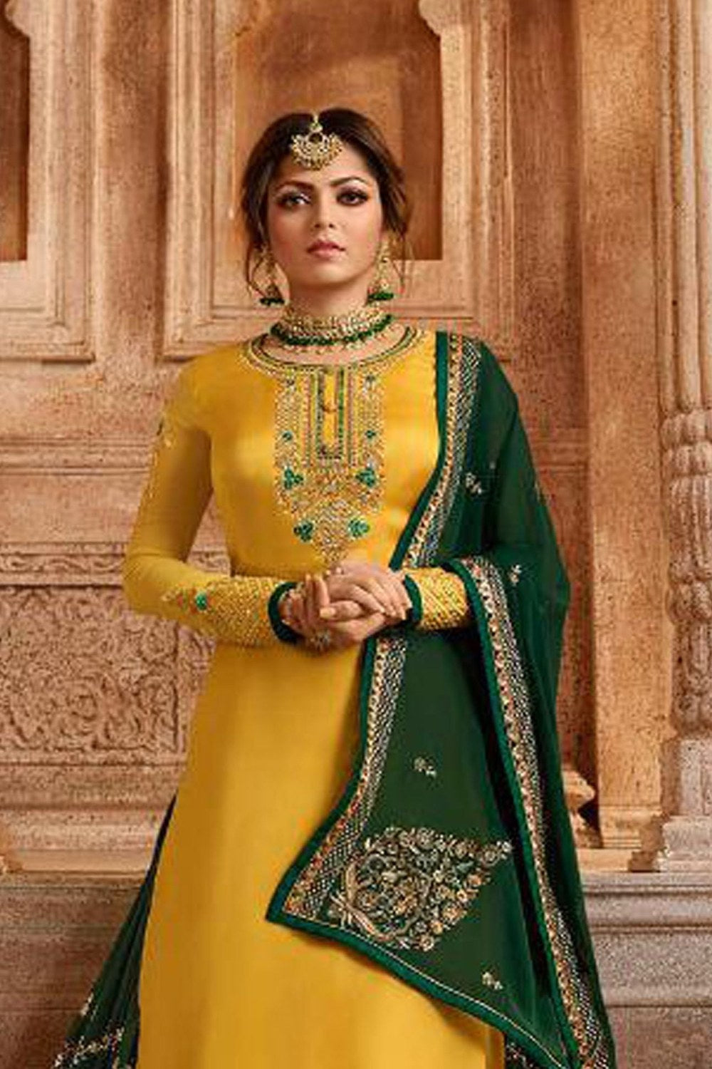 Yellow Pakistani Satin Georgette Salwar Kameez For Wedding Festival Embroidery Work - close-up view