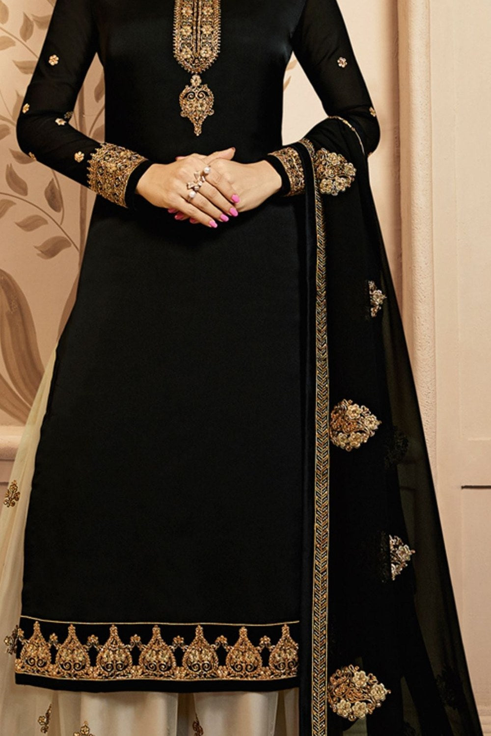 Black Pakistani Satin Georgette Salwar Kameez Plazo For Wedding Festival Embroidery Work - detail view