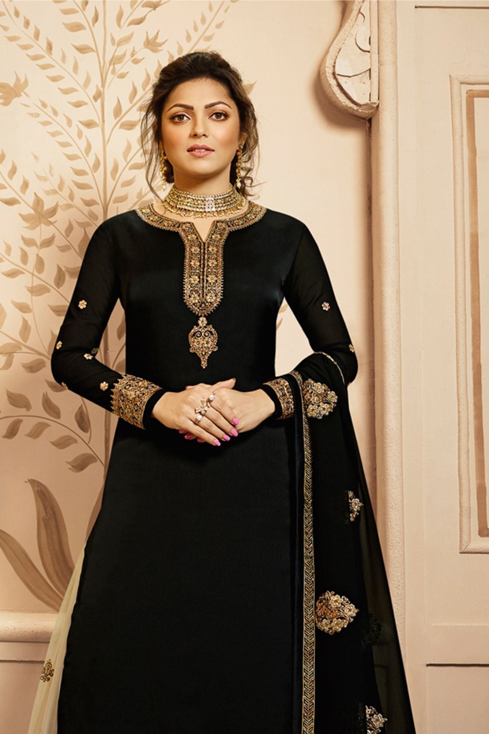 Black Pakistani Satin Georgette Salwar Kameez Plazo For Wedding Festival Embroidery Work - close-up view