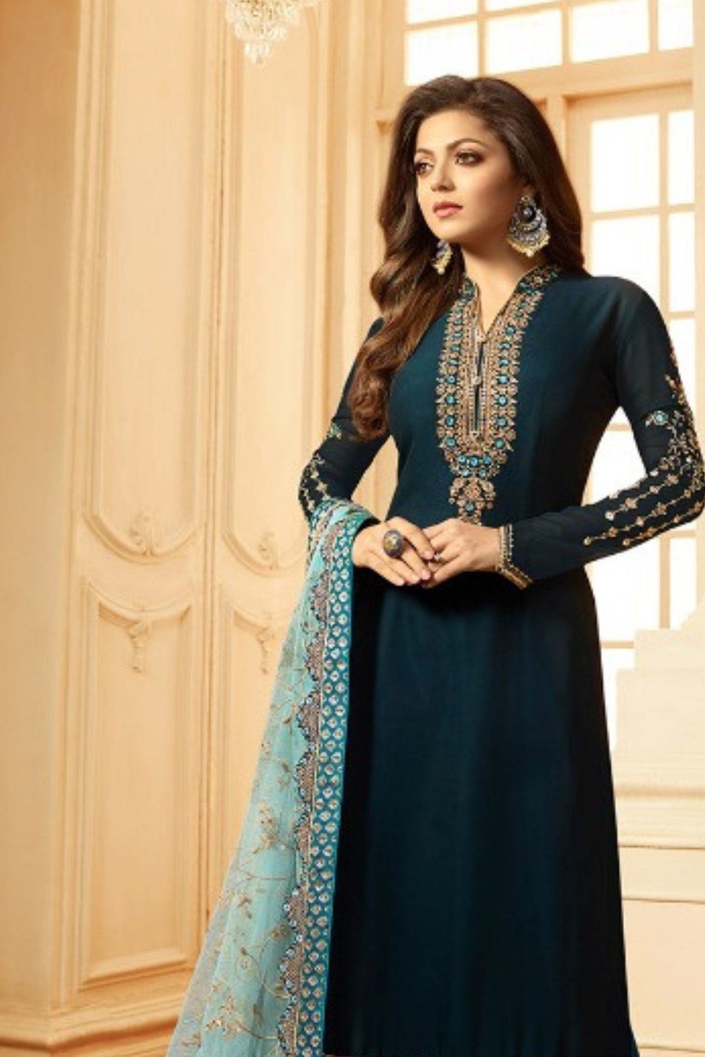 Teal Pakistani Georgette Salwar Kameez For Wedding Festival Embroidery Work - close-up view