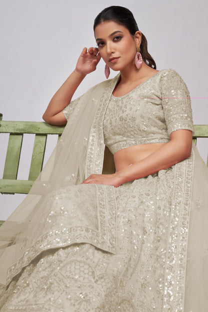 Off White Soft Net Lehenga Choli For Indian Festivals & Weddings - Sequins Work, Bead Work