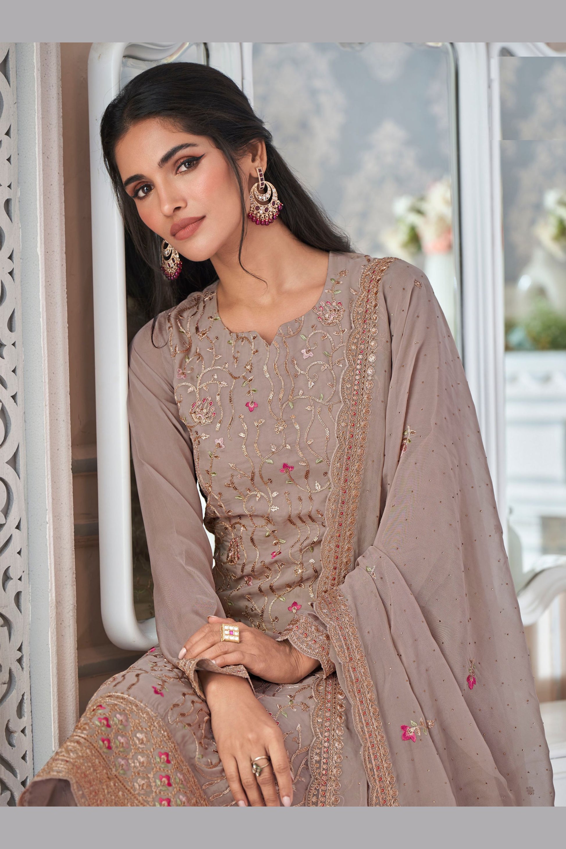 Beige Organza Silk Kameez with Pant For Indian Suit Festivals & Pakistani Weddings - Embroidery Work