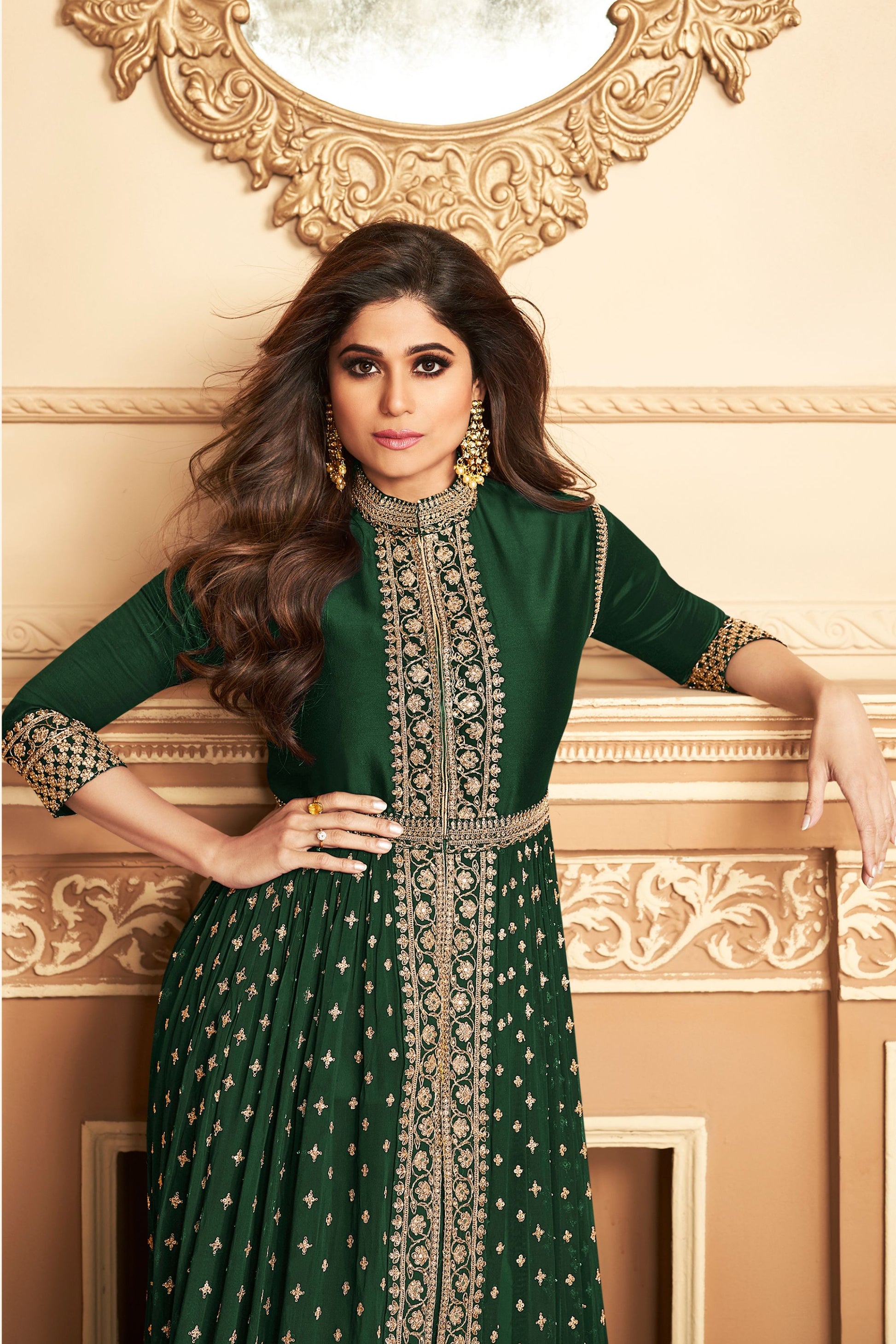 Dark Green Georgette Anarkali Gown For Indian Festivals & Pakistani Weddings Dress - Sequence Embroidery Work, Stone work