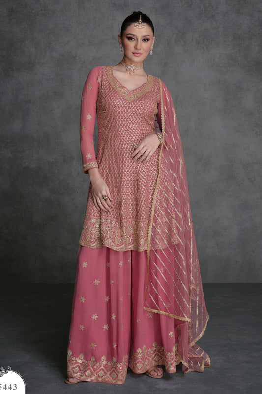 Pink Georgette Plazo Suits For Indian Festivals & Pakistani Weddings - Embroidery Work