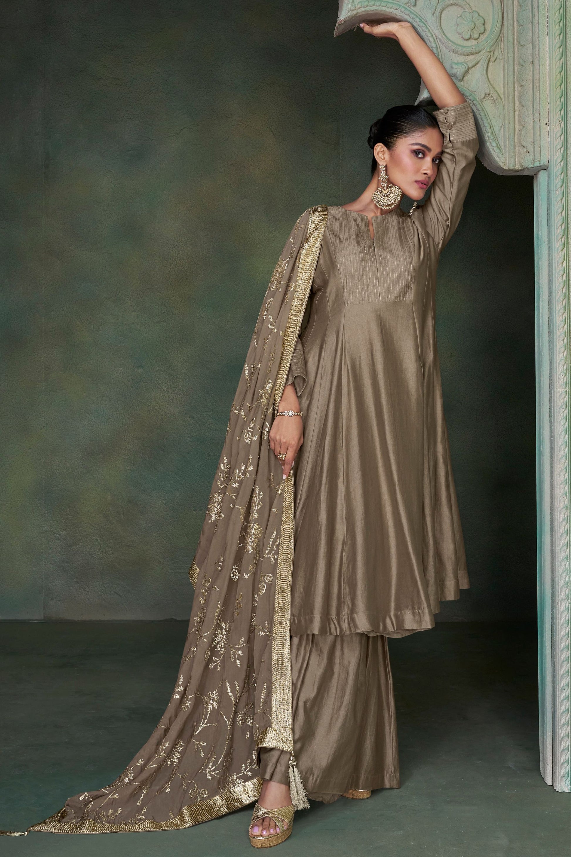 Brown Silk Floor Full Length Anarkali Gown For Indian Festivals & Weddings - Embroidery Work