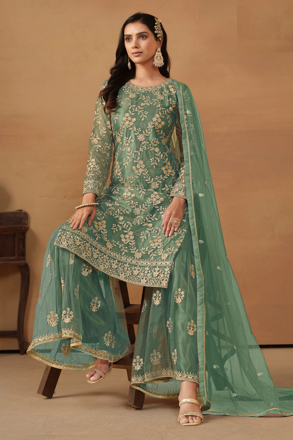 Green Net Sharara Suit Dress For Indian Festivals & Weddings - Thread & Sequence Embroidery Work