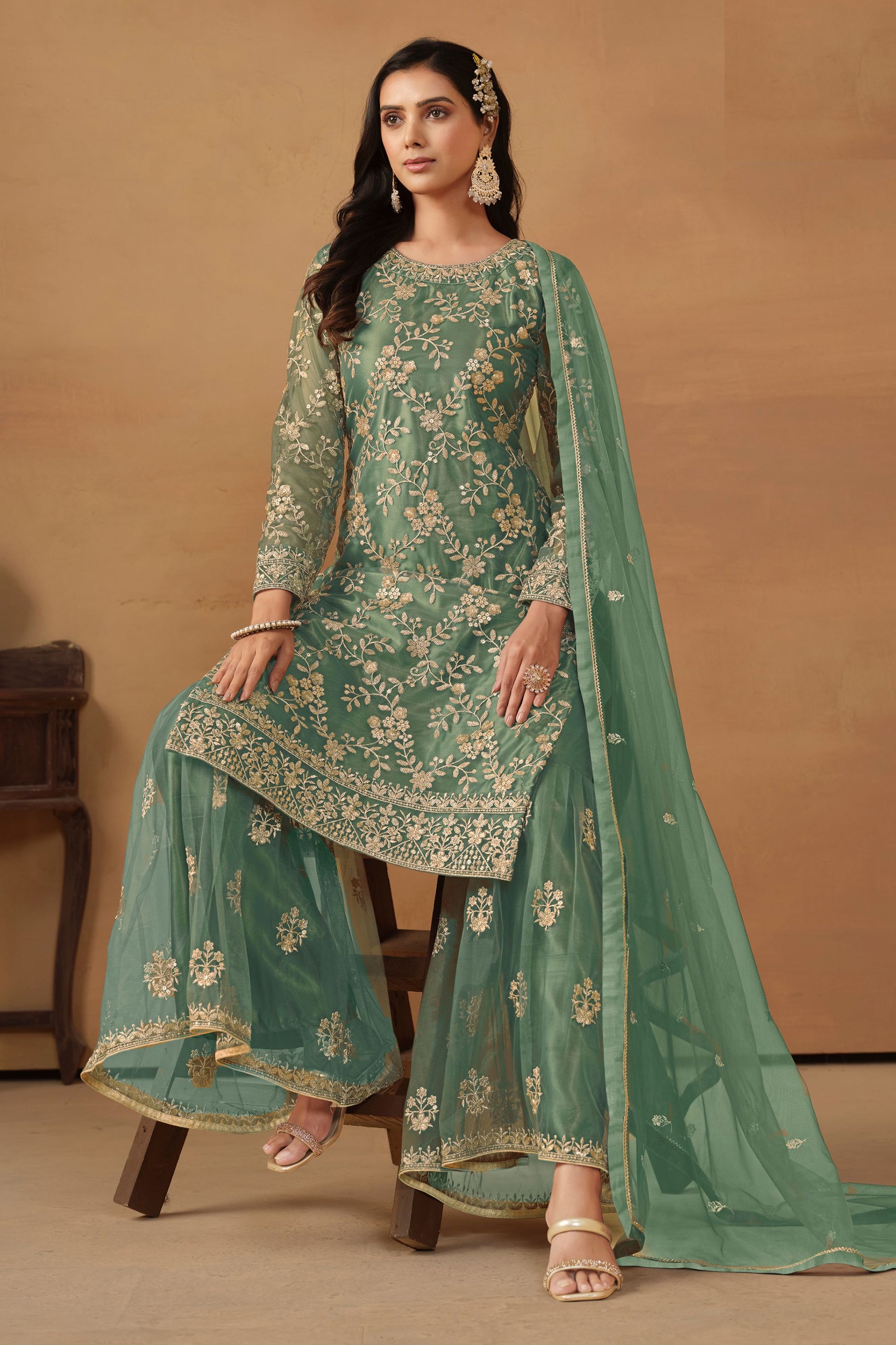 Green Net Sharara Suit Dress For Indian Festivals & Weddings - Thread & Sequence Embroidery Work