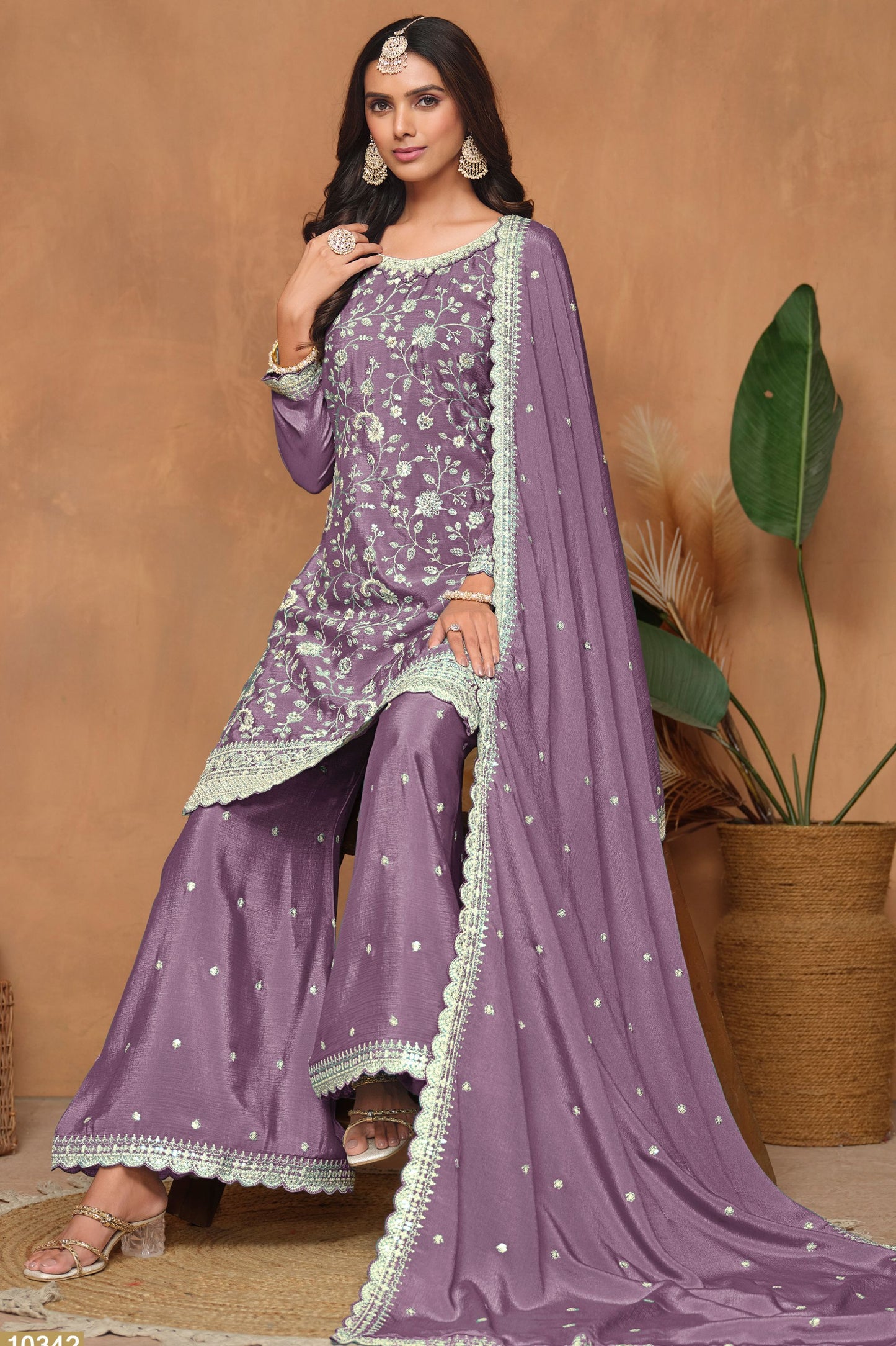 Purple Chinon Silk Palazzo Suit For Indian Festivals & Weddings - Embroidery Work