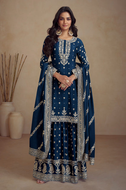 Teal Chinon Silk Palazzo Suit For Indian Weddings & Pakitani Festival - Embroidery Work