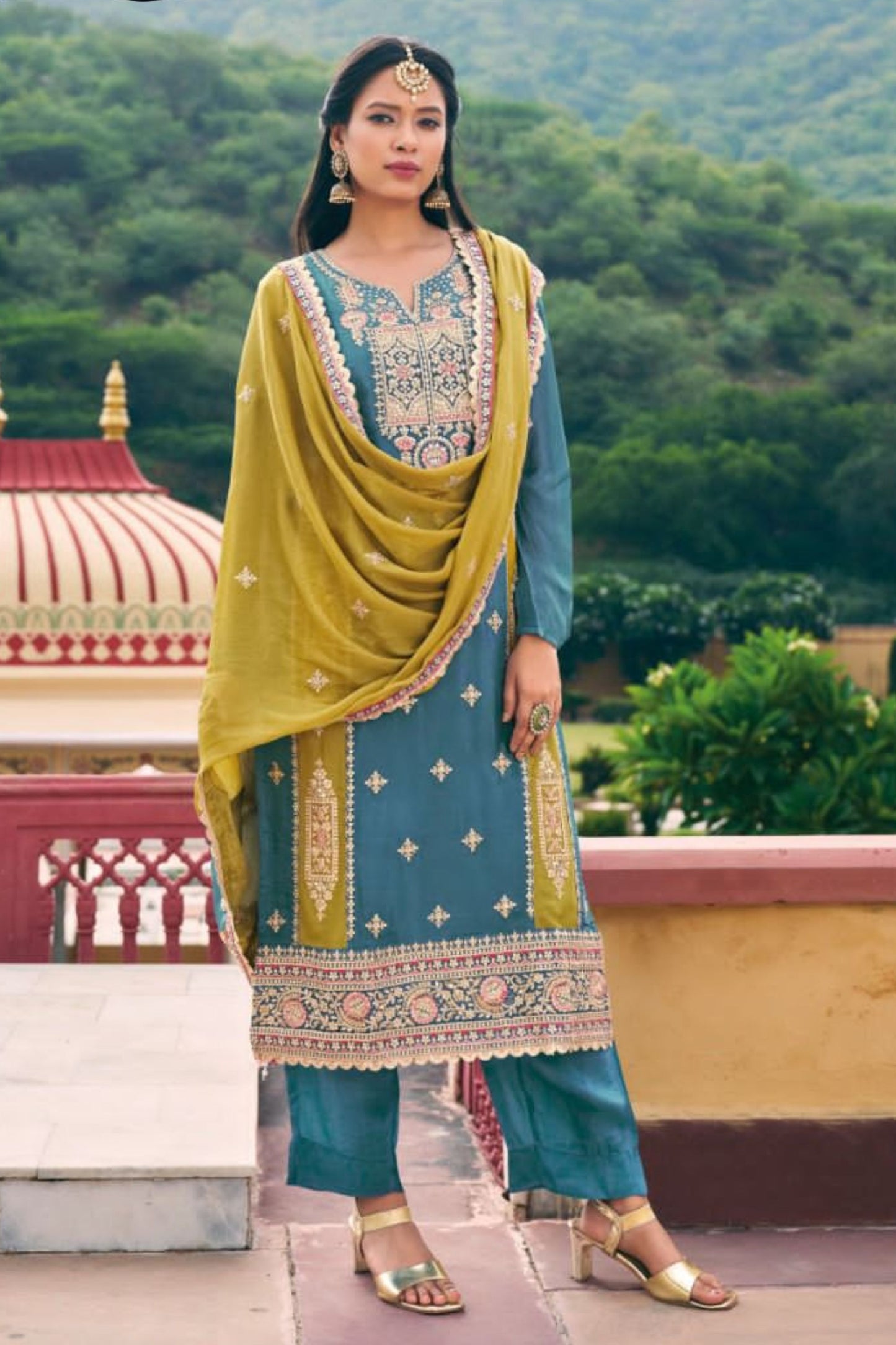 Teal Chinon Silk Salwar Kameez with Pant Suit For Indian Festivals & Weddings - Embroidery Work