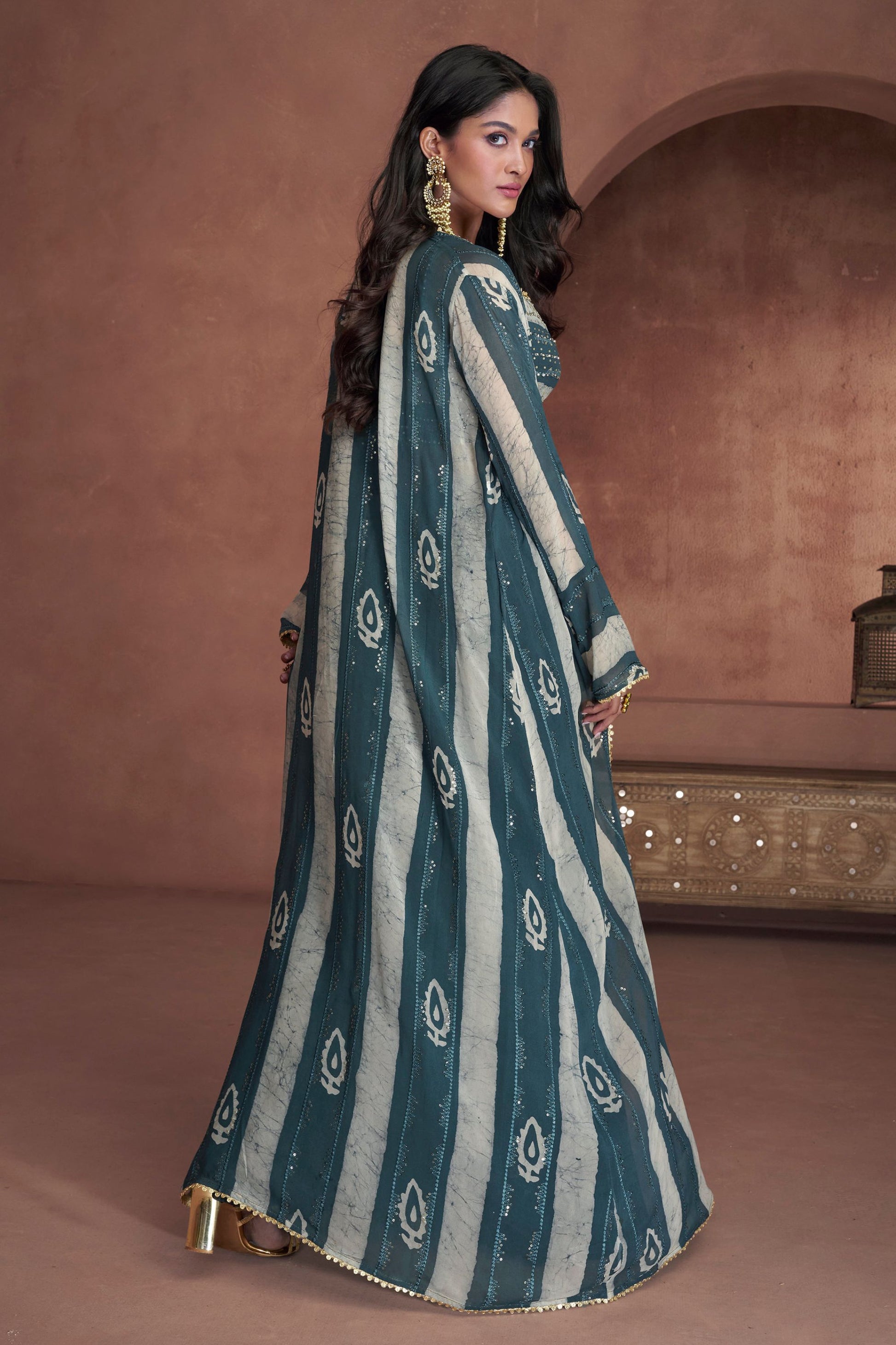 Teal Georgette Lehenga Choli with Koti For Pakistani Wedding & Indian Festival - Embroidery Work