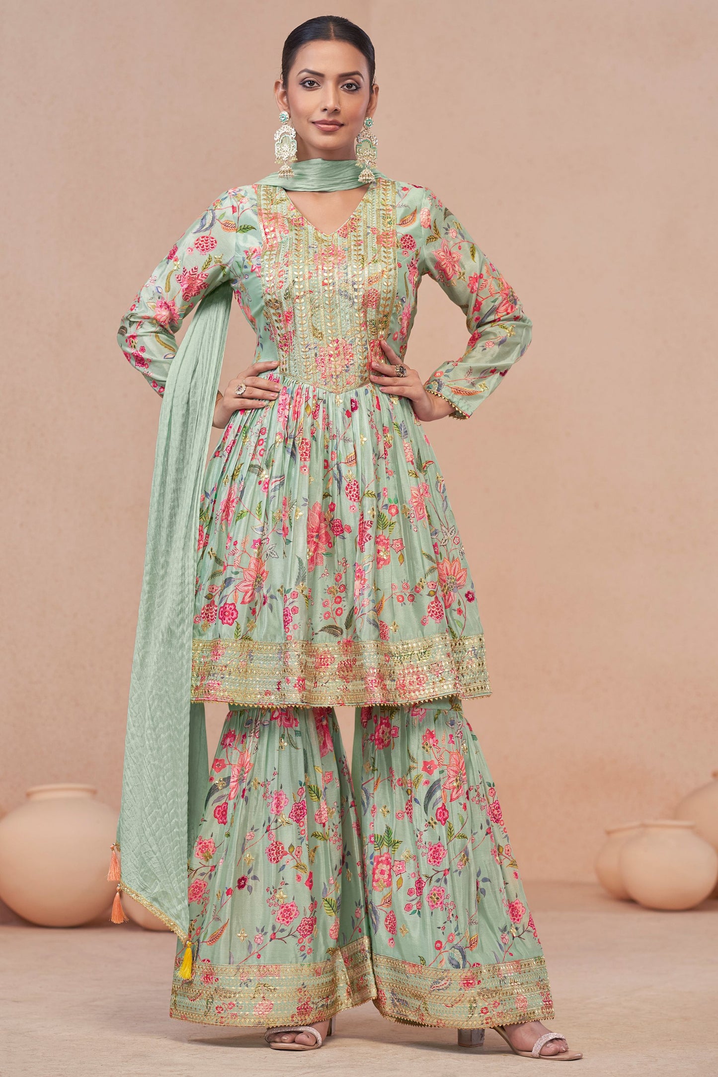 Olive Green Chinon Silk Flower Floral Printed Sharara Gharara Suit For Indian Festivals & Pakistani Weddings - Embroidery Work, Print Work