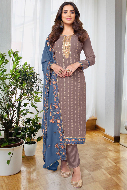 Grey Chinon & Georgette Silk Kameez with Pant For Indian Suit Festivals & Pakistani Weddings - Embroidery Work