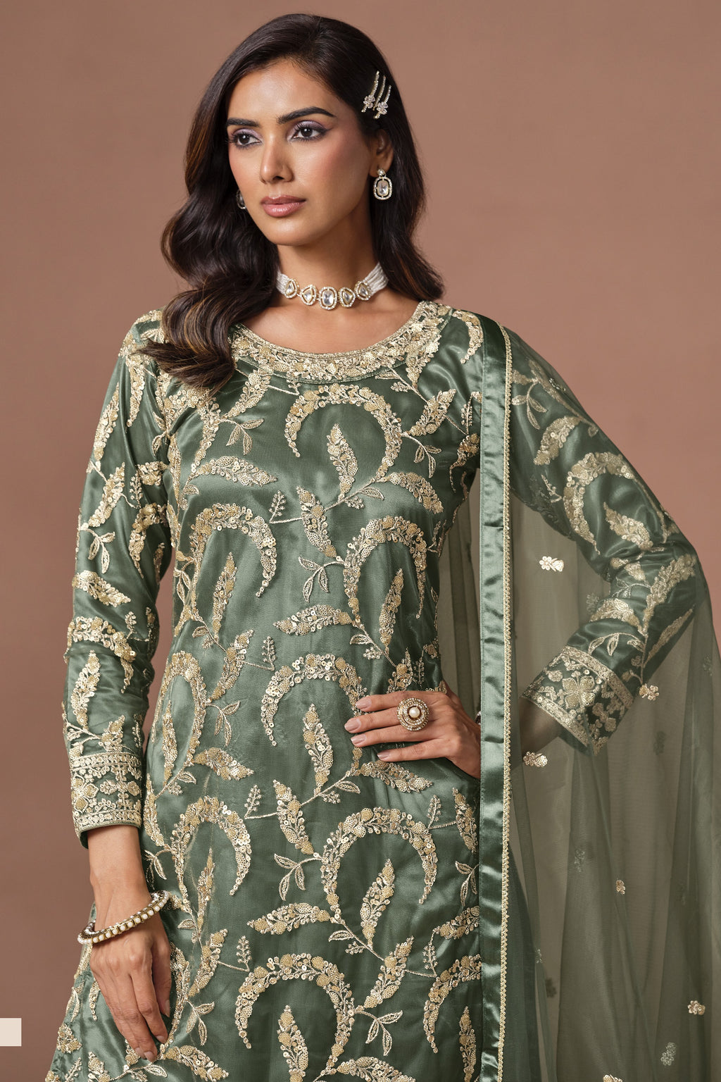 Green Pakistani Mehndi Outfit - Sharara Suit with Embroidery Work