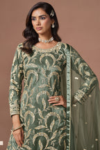 Green Pakistani Mehndi Outfit - Sharara Suit with Embroidery Work
