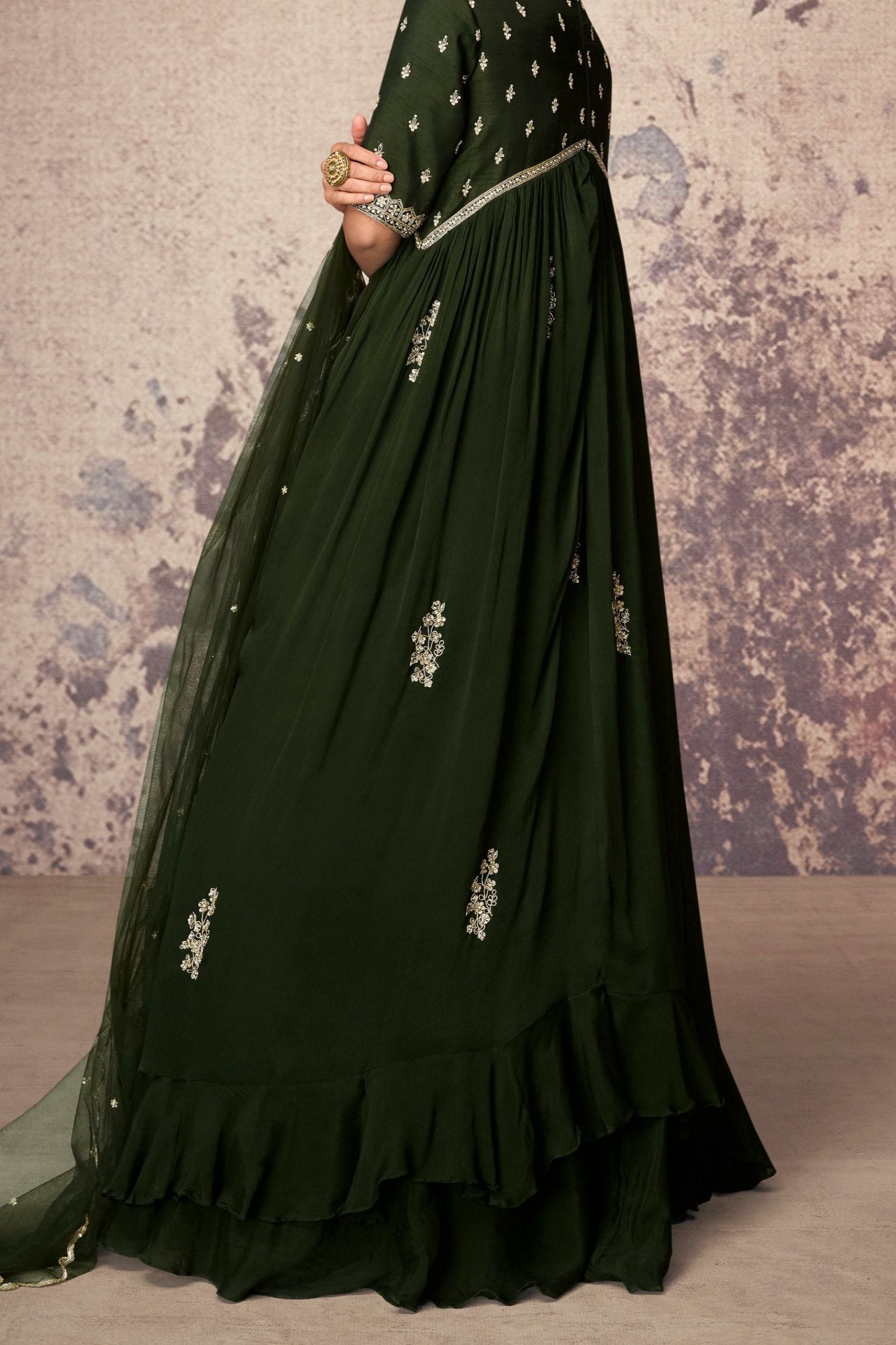 Olive Green Chinon Silk Anarkali Gown For Indian Festivals & Weddings - Embroidery Work