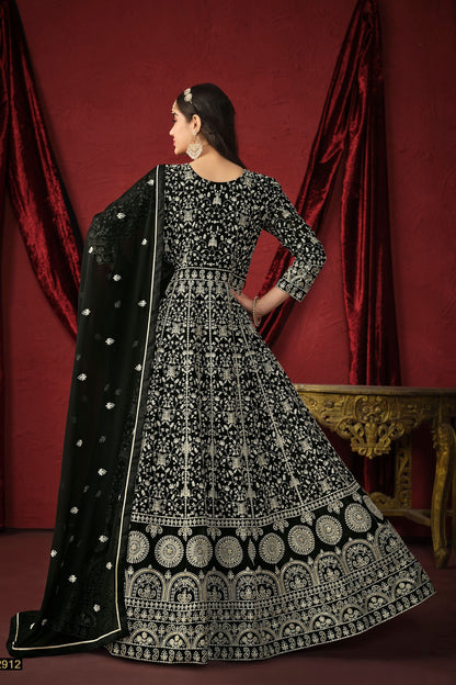 Black Georgette Full Floor Length Anarkali Gown For Indian Festivals & Weddings - Thread Embroidery Work