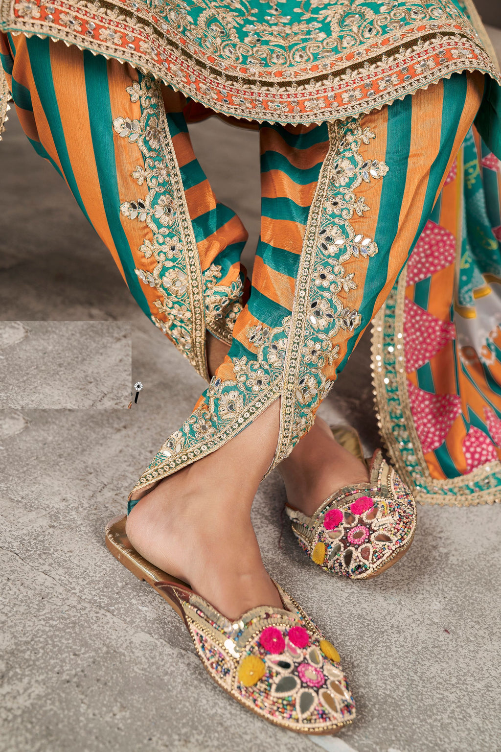 Green Chinon Silk Salwar Kameez with Dhoti Tulip for Indian Festival & Pakistani Wedding - Sequence Embroidery Work, Dori Work, Print Work, Mirror Work